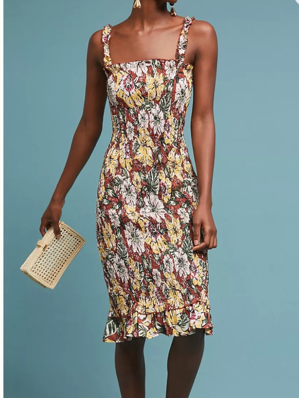FAITHFULL THE BRAND Maya Midi Smocked Linen Dress Brown Yellow Floral Medium